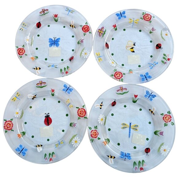Lenox Natures Splendor Glass Dessert Plates 4 Hand-Painted Floral Insect Design - Picture 2 of 15